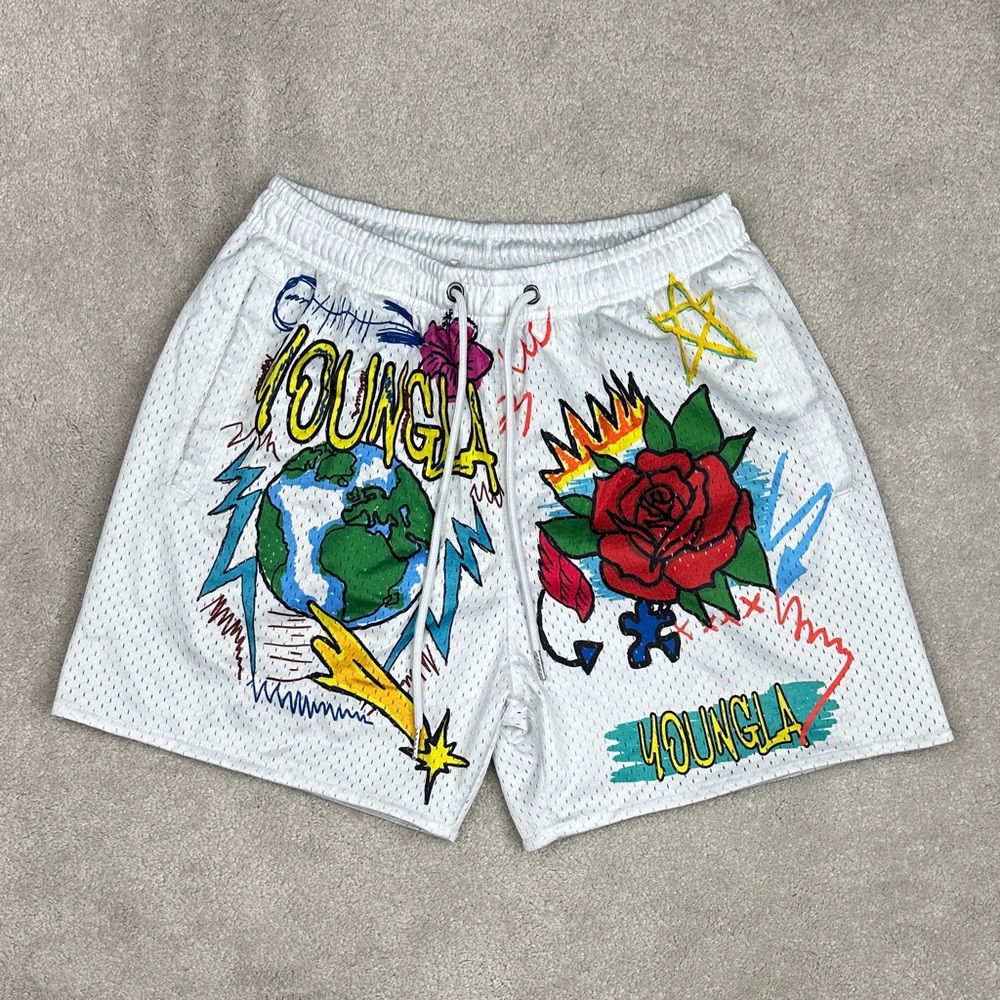 YoungLA Men's White Graphic Athletic Shorts